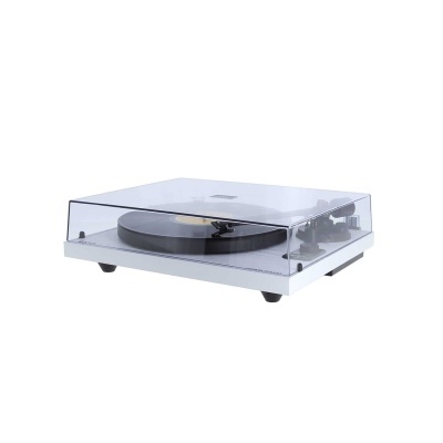 Toca-discos branco com tampa transparente e prato preto
