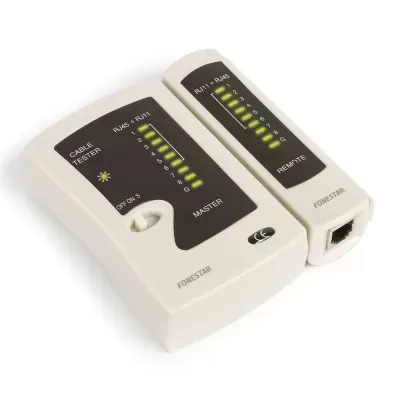 Dispositivos para teste de cabos eletrónicos brancos com LEDs verdes e conector RJ45