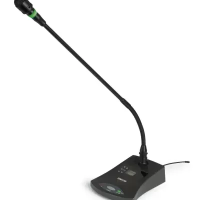 Microfone de mesa preto com haste flexível e base com ecrã digital