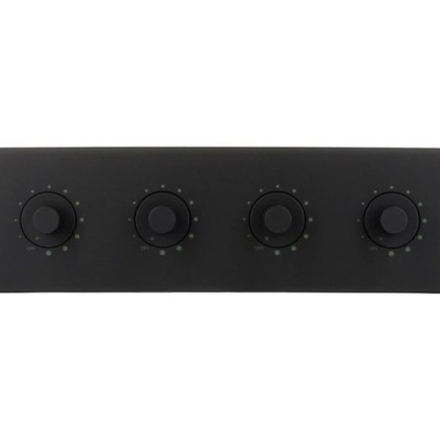 Painel preto com seis botões rotativos e texto 'atwood' verde