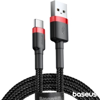 cabo USB tipo A para USB tipo C preto com detalhes vermelhos e marca Baseus