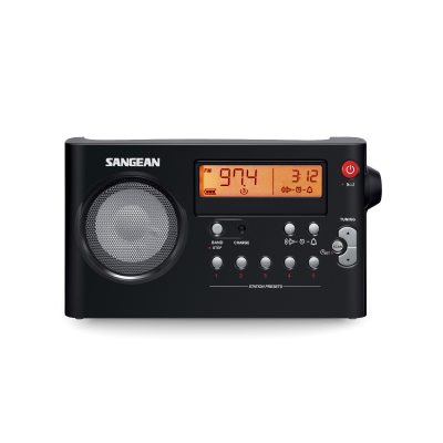 Rádio portátil preto SANGEAN com altifalante, ecrã digital laranja e botões de controlo