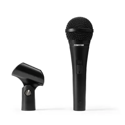 Microfone preto com texto FONESTAR e suporte plástico preto