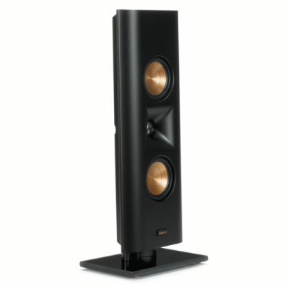 Coluna de som preta com altifalantes dourados e base retangular