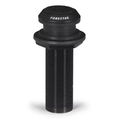 Microfone preto com texto FONESTAR em fundo branco