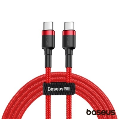 Cabo USB-C vermelho da Baseus com conectores metálicos e etiqueta preta