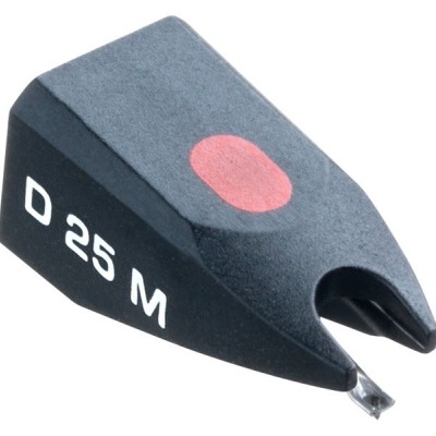Agulha de toca-discos preta com marcações D 25 M e círculo vermelho