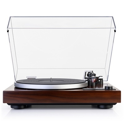 Prato giratório de vinil com base em madeira escura e tampa transparente