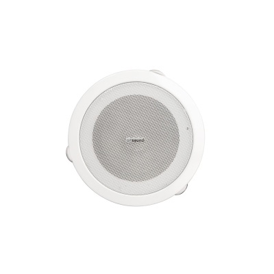 Coluna de teto redonda branca com grelha metálica.