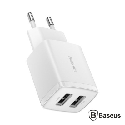 Carregador Baseus branco com dois USB e pinos redondos para tomada europeia