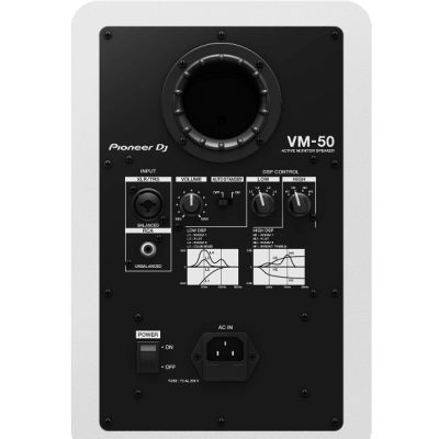 Coluna ativa Pioneer DJ VM-50 vista traseira com painéis de controlo e conetores