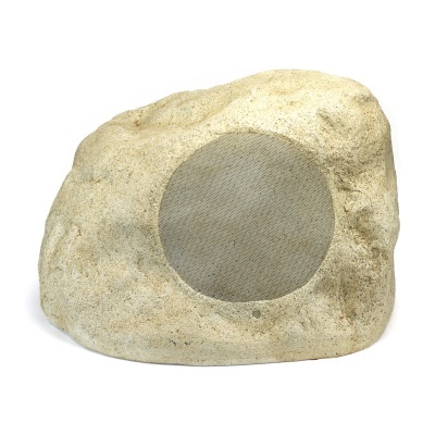 Caixa de som exterior em forma de pedra com grelha circular cinza