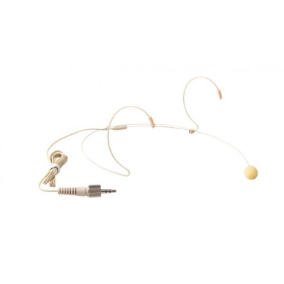 Microfone headset com esponja amarela e cabo bege com conector jack