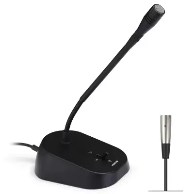 Microfone de base preto com braço flexível e microfone destacável com conector XLR.