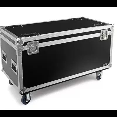 Caixote de transporte preto com laterais metálicas e rodas azuis