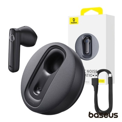 Auscultadores sem fios Baseus pretos com estojo de carregamento e cabo USB, embalagem branca com amarelo.