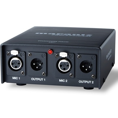 Dispositivo retangular preto com conectores XLR e etiquetas MIC 1, OUTPUT 1, MIC 2, OUTPUT 2
