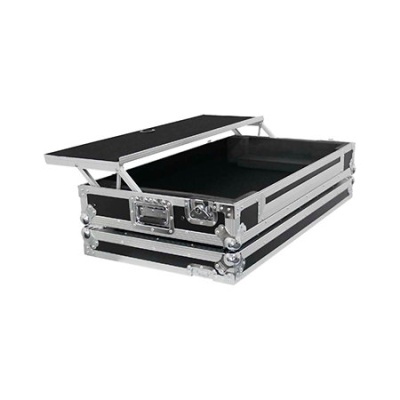 Mala rígida preta com estrutura metálica prateada e tampa aberta