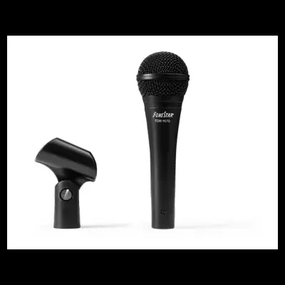 microfone preto FoneStar TOM-101T com suporte sobre fundo branco