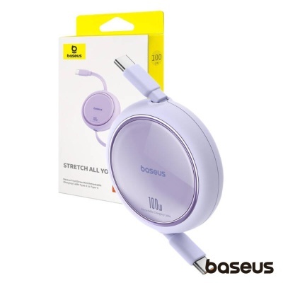 Carregador USB tipo C retrátil lilás Baseus com embalagem branca e amarela