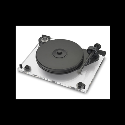 Gira-discos com base transparente e componentes pretos