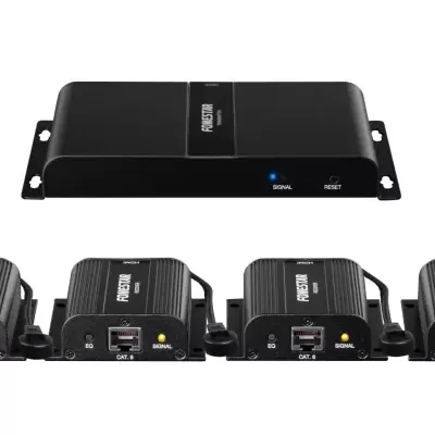 Conjunto de dispositivos eletrónicos pretos NVR 1080P com luzes azuis e portas Ethernet