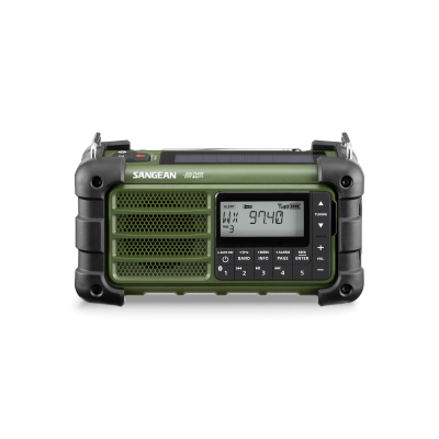 Rádio portátil SANGEAN verde e preta com ecrã digital e botões