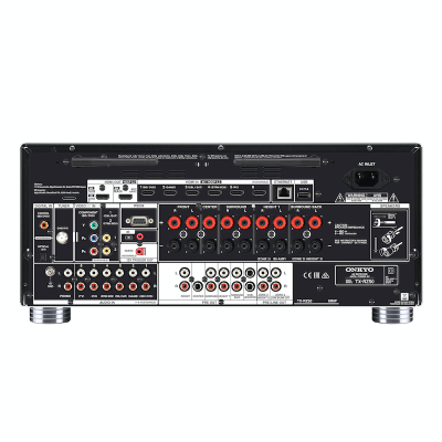 Painel traseiro de amplificador AV Onkyo TX-RZ730 com várias entradas e saídas pretas com texto branco