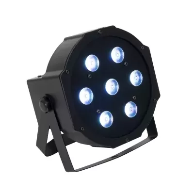 Refletor LED par circular preto com sete lâmpadas e suporte ajustável
