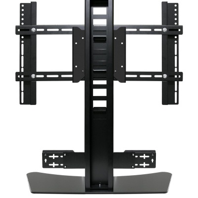 Suporte de TV preto em metal com base larga e estrutura ajustável
