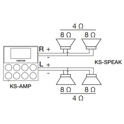Diagrama esquemático de sistema de som KS-AMP e KS-SPEAK com alto-falantes e valores de resistência.