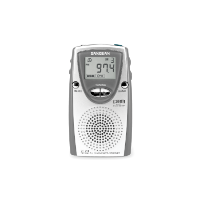 Rádio portátil cinza e branco com ecrã digital e altifalante circular frontal