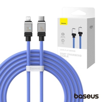 Cabo de carregamento rápido Baseus azul com conectores USB-C e Lightning e embalagem