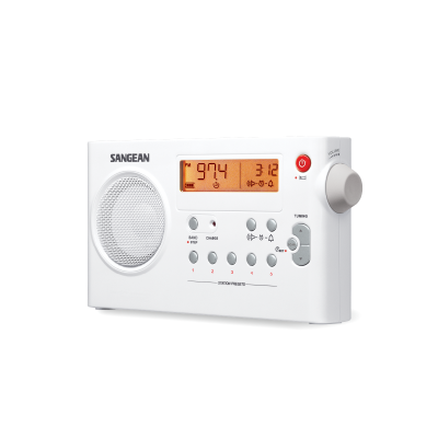 Rádio digital Sangean branco com visor laranja