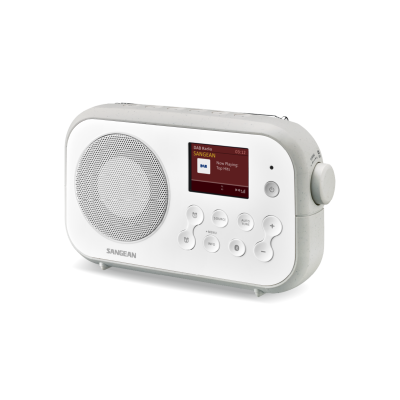 Rádio digital portátil branco Sangean com ecrã a cores e altifalante frontal