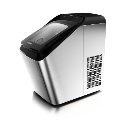 Máquina de fazer gelo inox preto com tampa transparente e painel superior