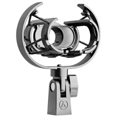 Suporte para microfone metálico cinzento e preto com base ajustável