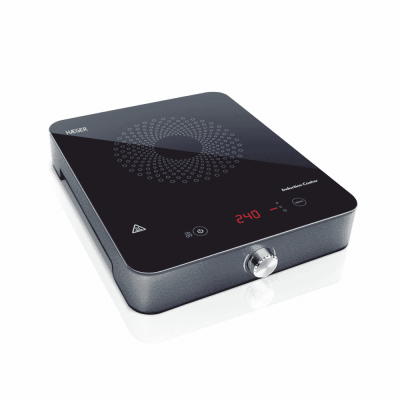 Fogão de indução portátil preto com display digital e botão giratório