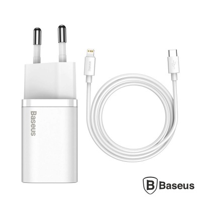 Carregador Baseus branco com cabo USB-C para Lightning