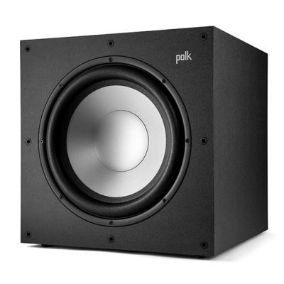 Subwoofer preto com cone prateado e logotipo 'polk'