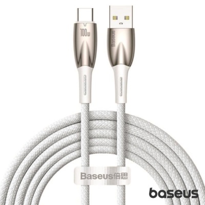 Cabo USB Baseus branco com conector USB-A e USB-C e presilha para organização