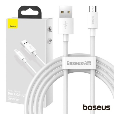 Cabo de dados branco Baseus com USB e micro-USB e embalagem branca com detalhes amarelos