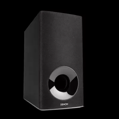 Coluna de som preta da DENON com detalhes brilhantes, fundo preto
