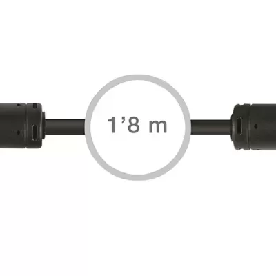 Cabo HDMI preto com conectores dourados e indicação de 1,8 metros.
