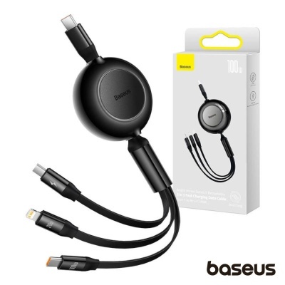 Cabo Baseus preto com três conectores e embalagem