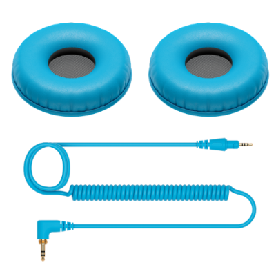 Almofadas azuis de auscultadores e cabo azul com conectores jack de 3,5 mm