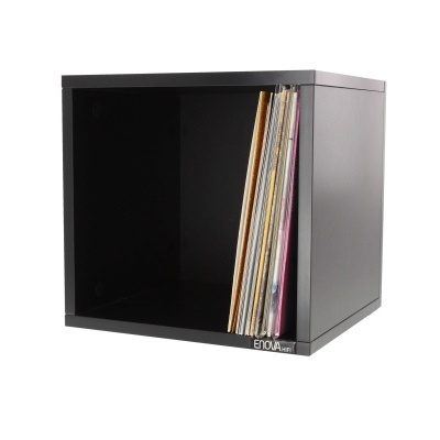 Cubo de armazenamento preto com discos de vinil inclinados