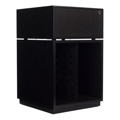 Coluna de som preta em madeira com grelha e base aberta dividida em dos compartimentos