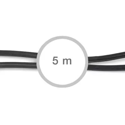 Cabo áudio estéreo com conectores RCA vermelhos e brancos, cabo preto de 5 metros