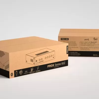 Caixas de embalagem de cartão castanho com texto preto e branco